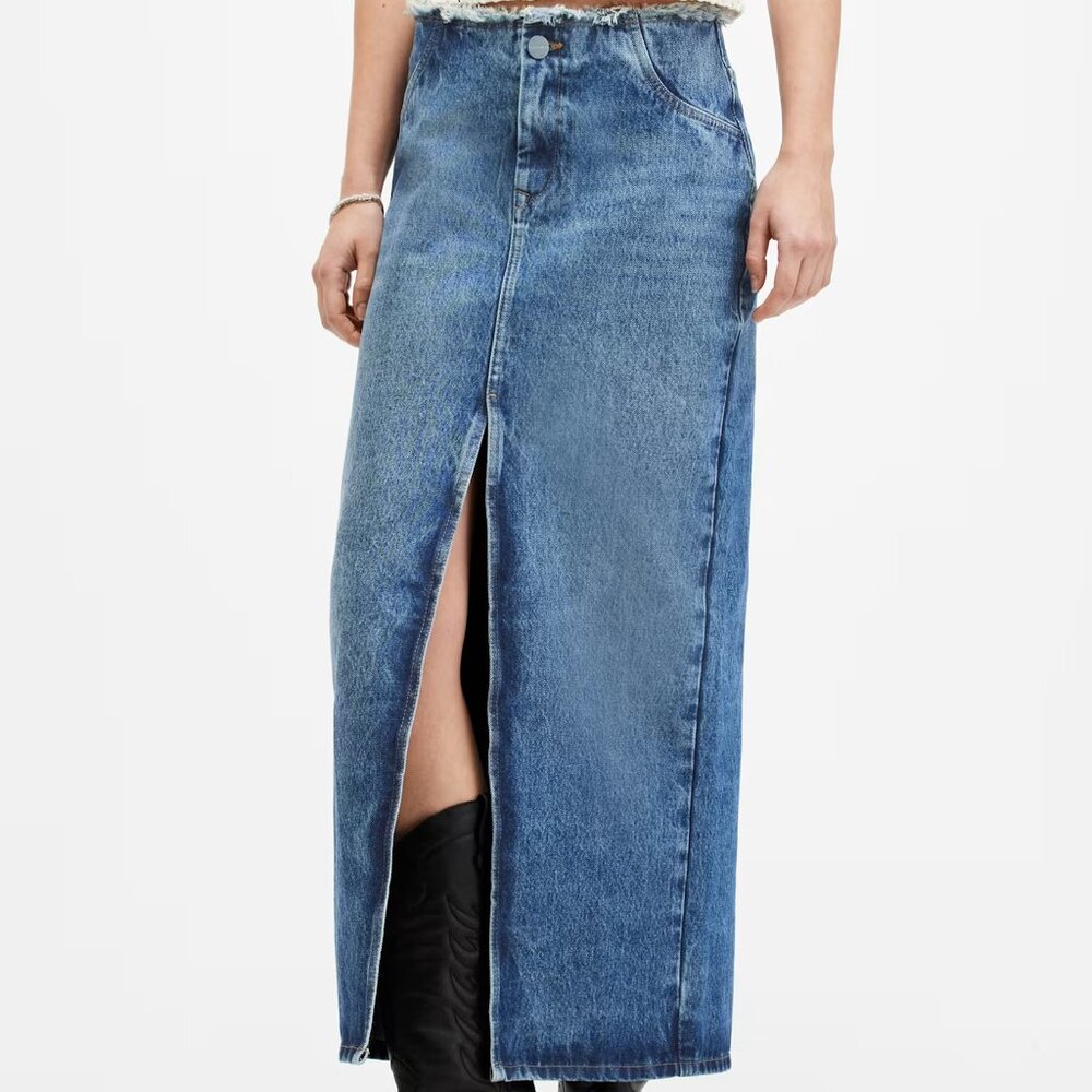 AllSaints NEW Skirt 'Cyra' Maxi Blue Denim Jean Frayed Waist Front & Back Slits - Picture 2 of 14
